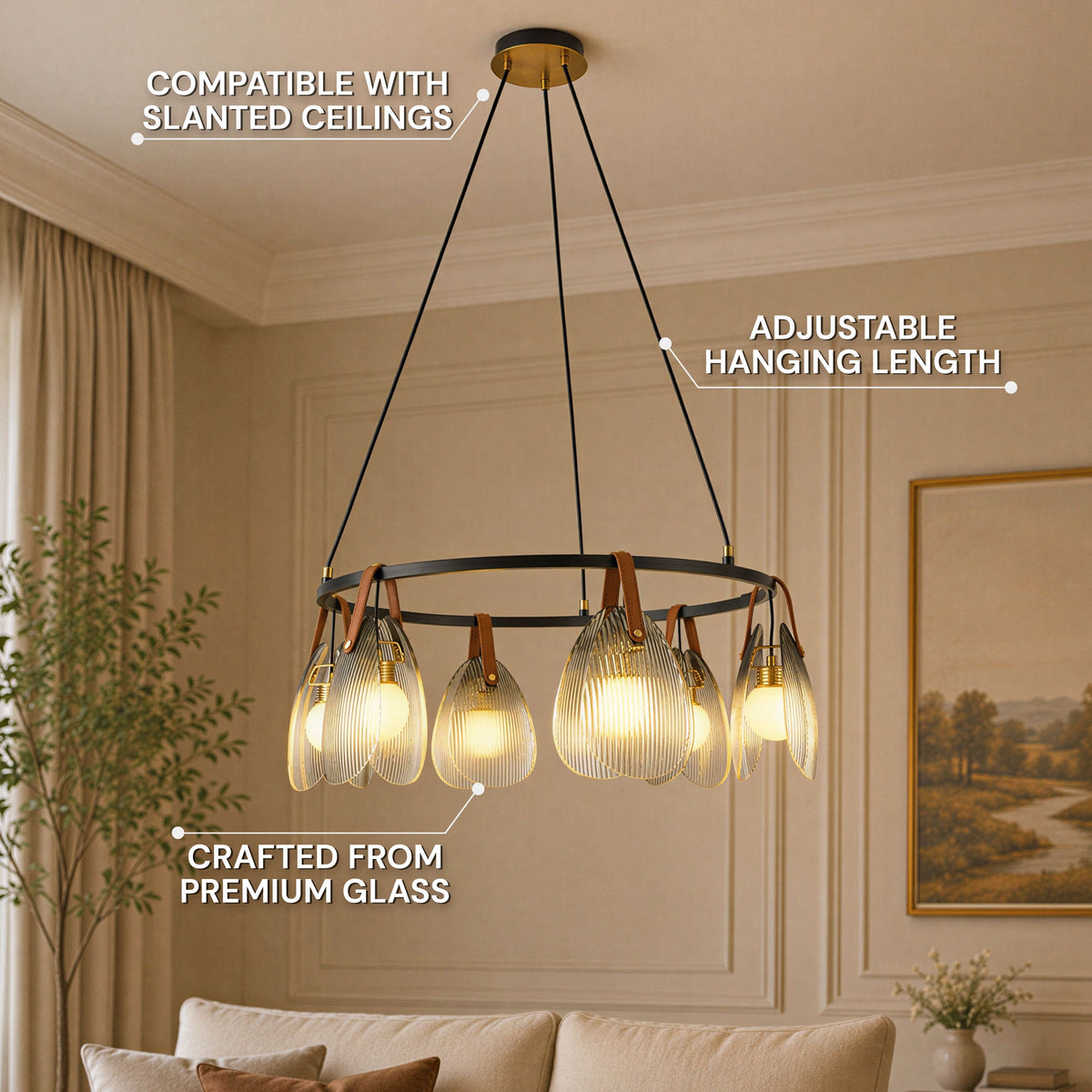 Veyra Shell Glass Leather Round Chandelier 27"D