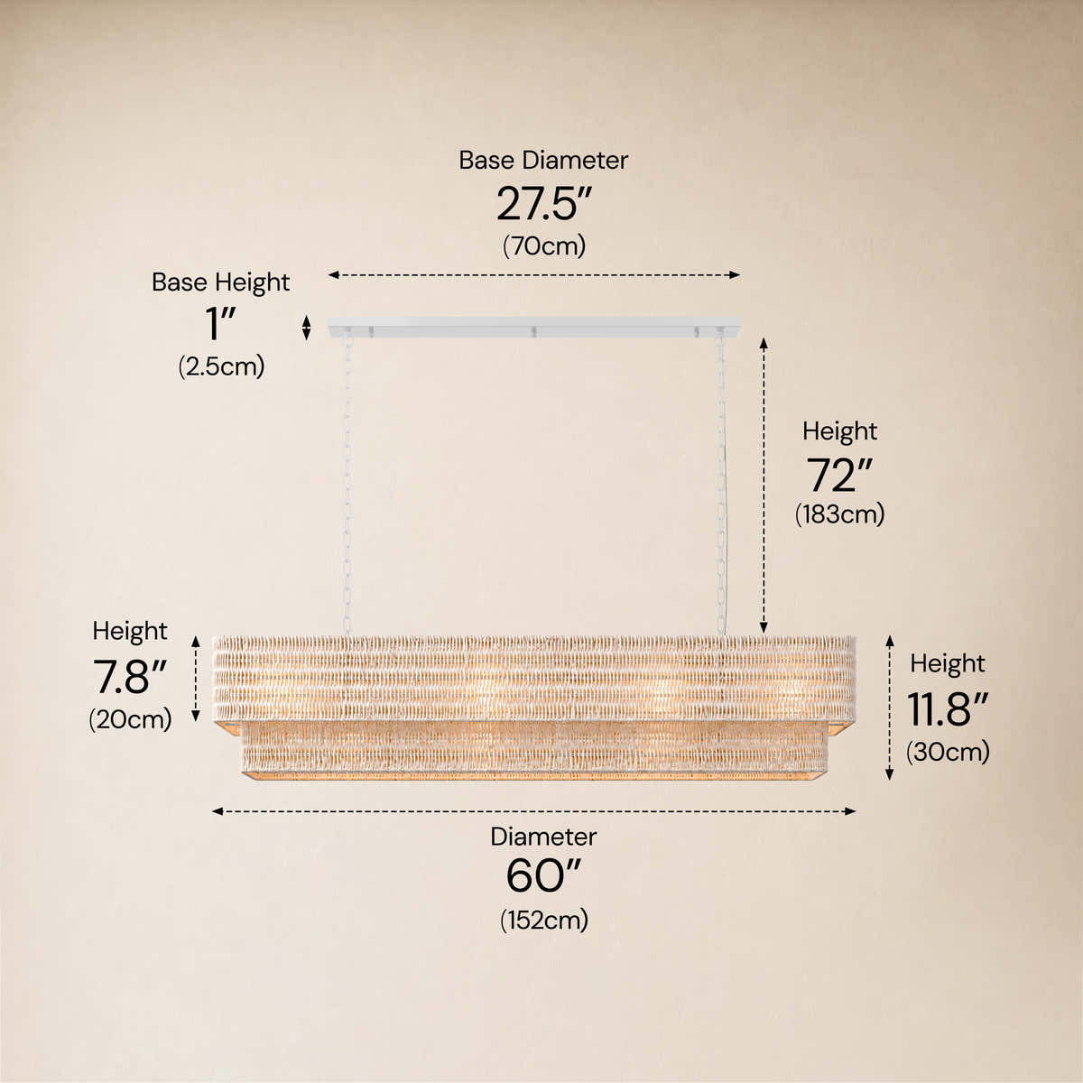 Cavana Rattan Double Tier Rectangular Chandelier 60"W #Size_60",Color_White dimensions 3