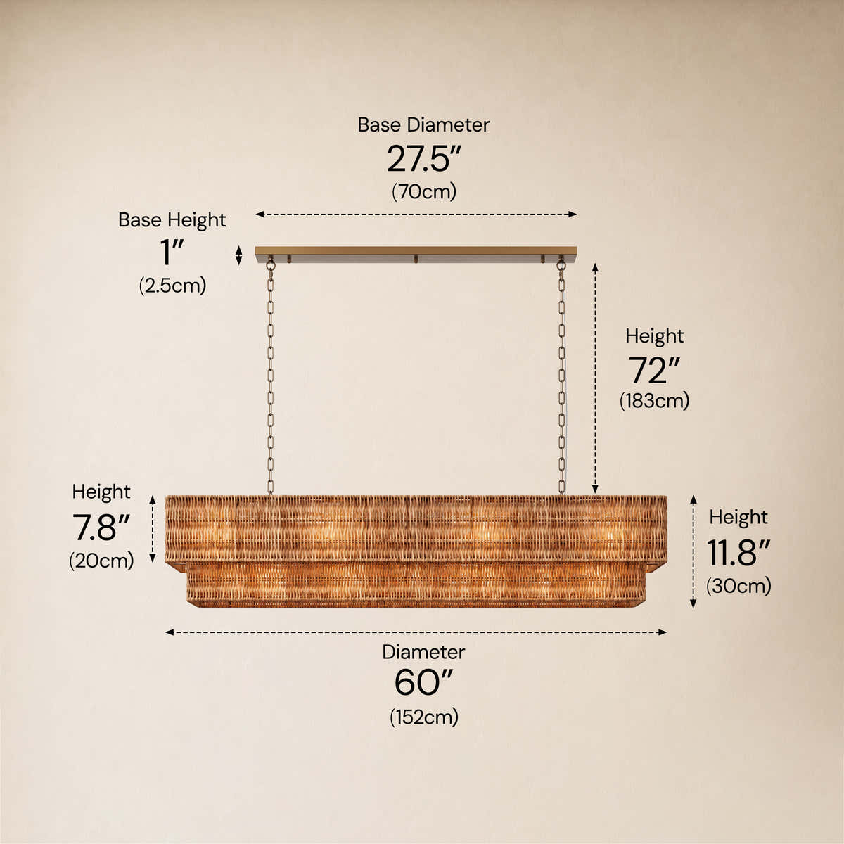 Cavana Rattan Double Tier Rectangular Chandelier 60"W #Size_60",Color_Natural dimensions 2