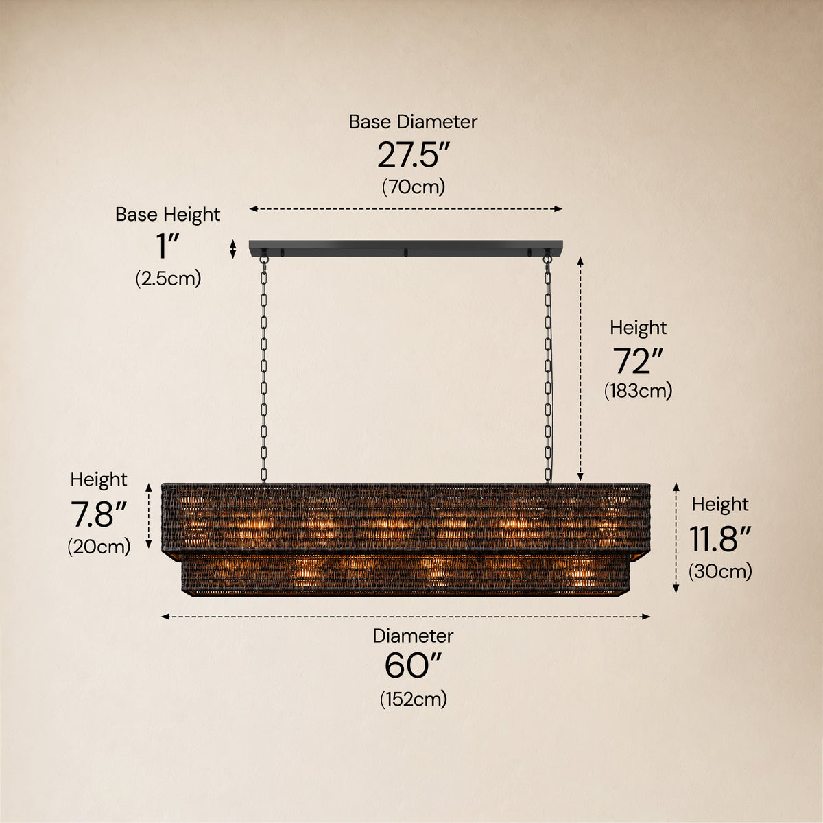Cavana Rattan Double Tier Rectangular Chandelier 60"W 