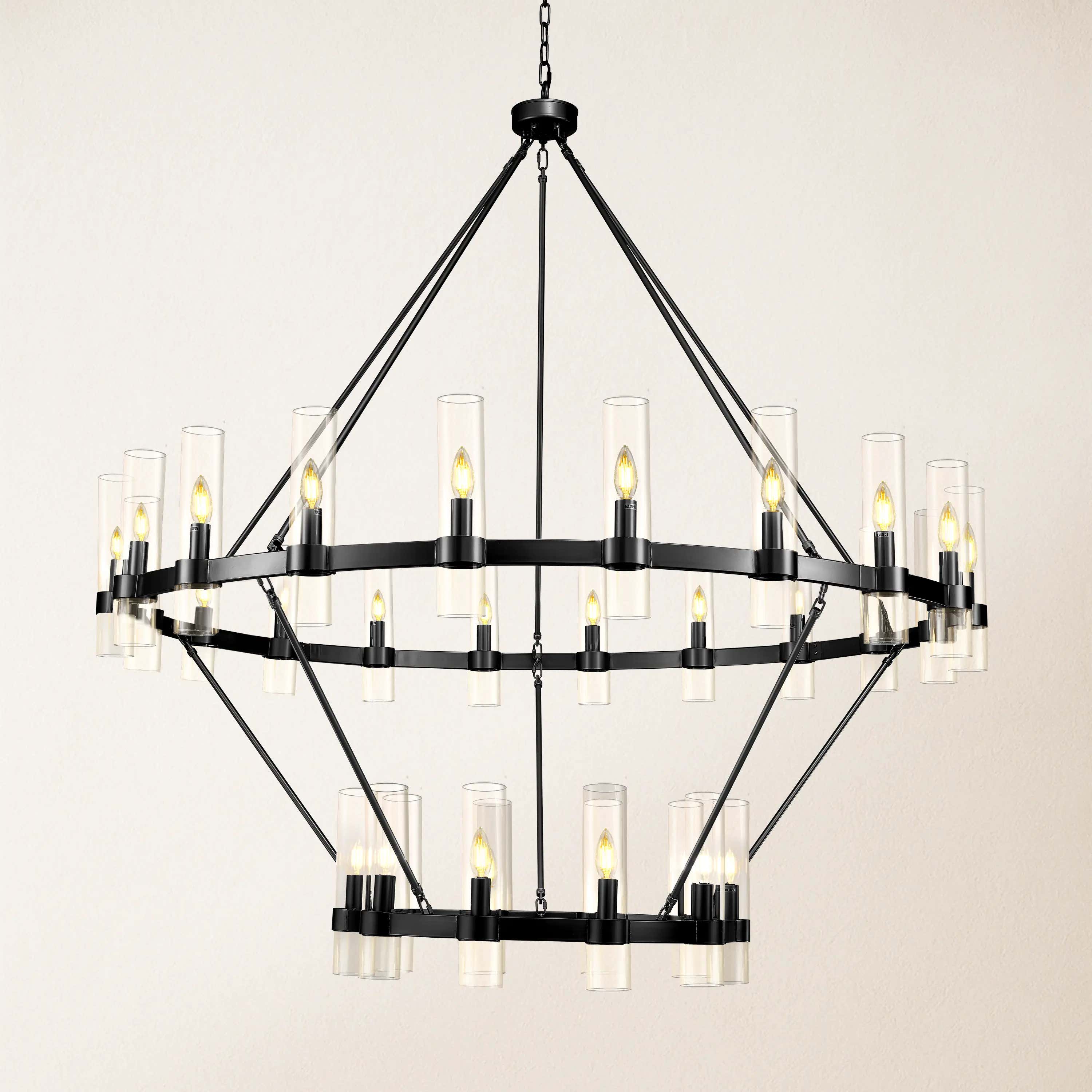 Cylora Glass Tube 2-Tier Round Chandelier 60"D#Finish_Black