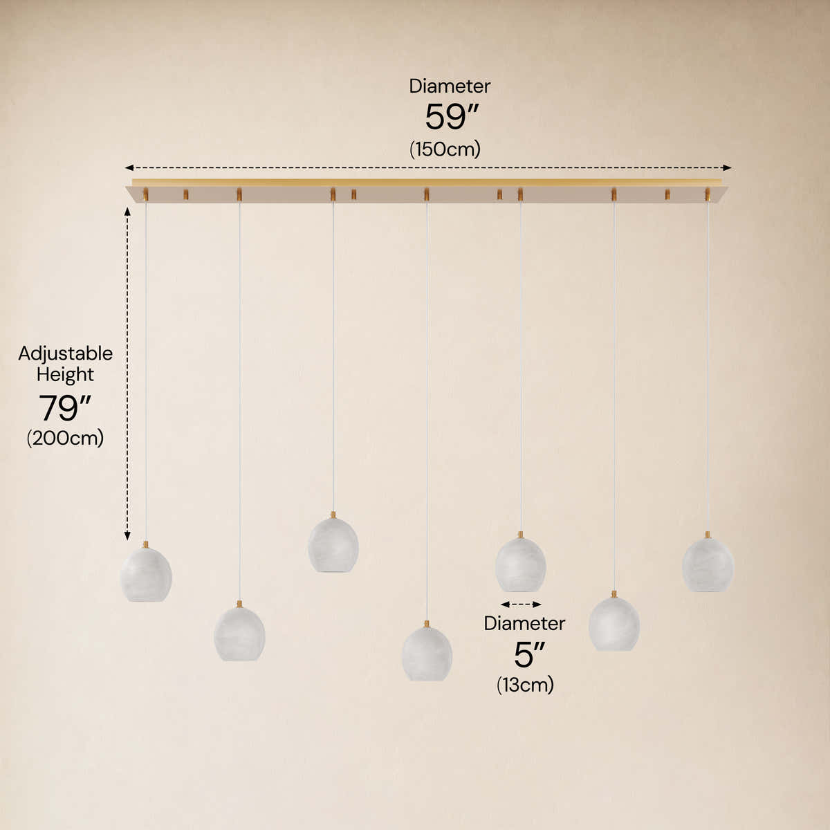Quorvyn Resin Globe Linear Chandelier #Finish_Gold,Lights_7-Lights dimensions 3