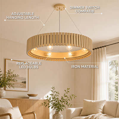 Woodgrain Iron Round Pendant 31"W
