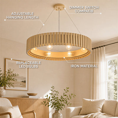 Woodgrain Iron Round Pendant 31"W