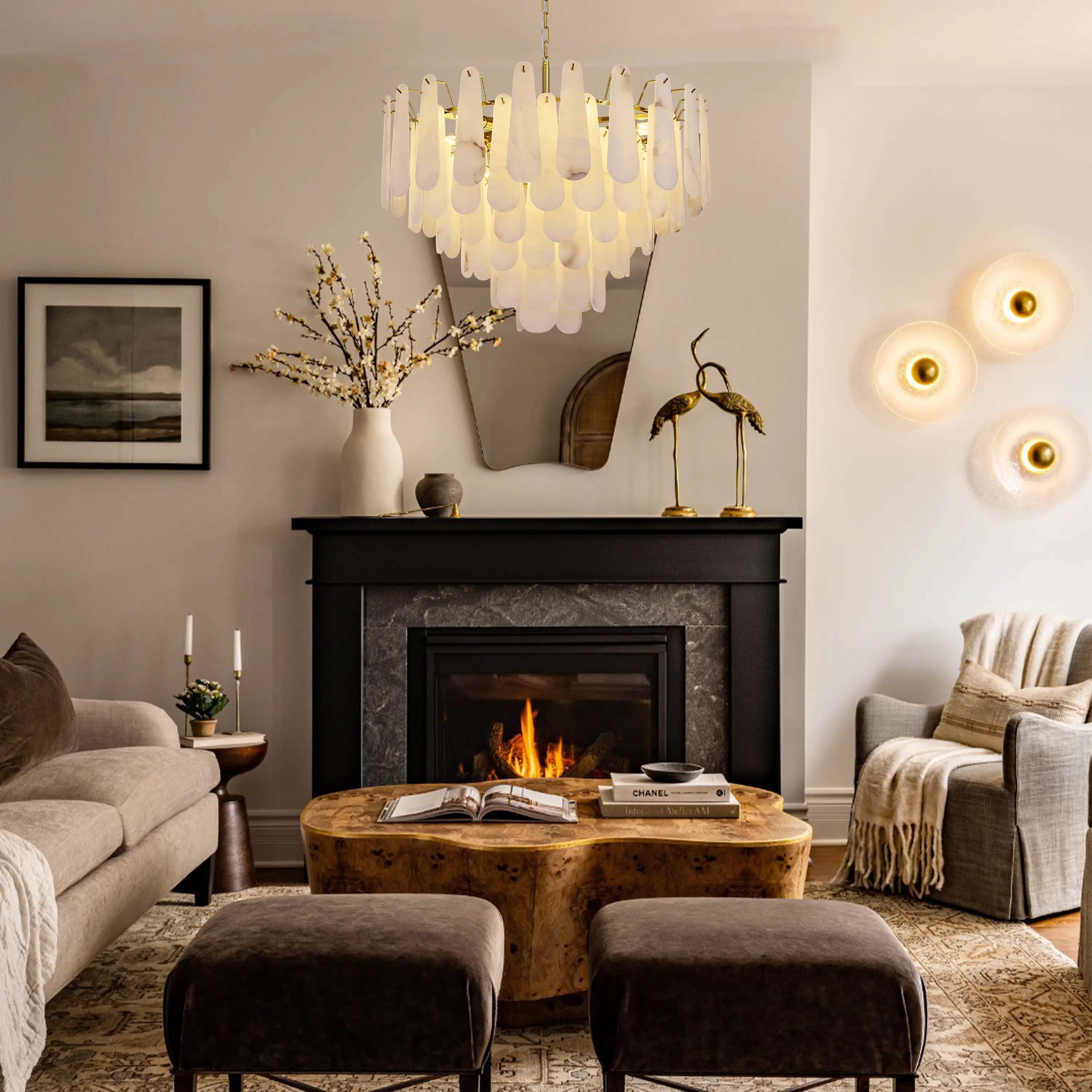 Caldera Alabaster Round Chandelier 32"#Finish_Gold