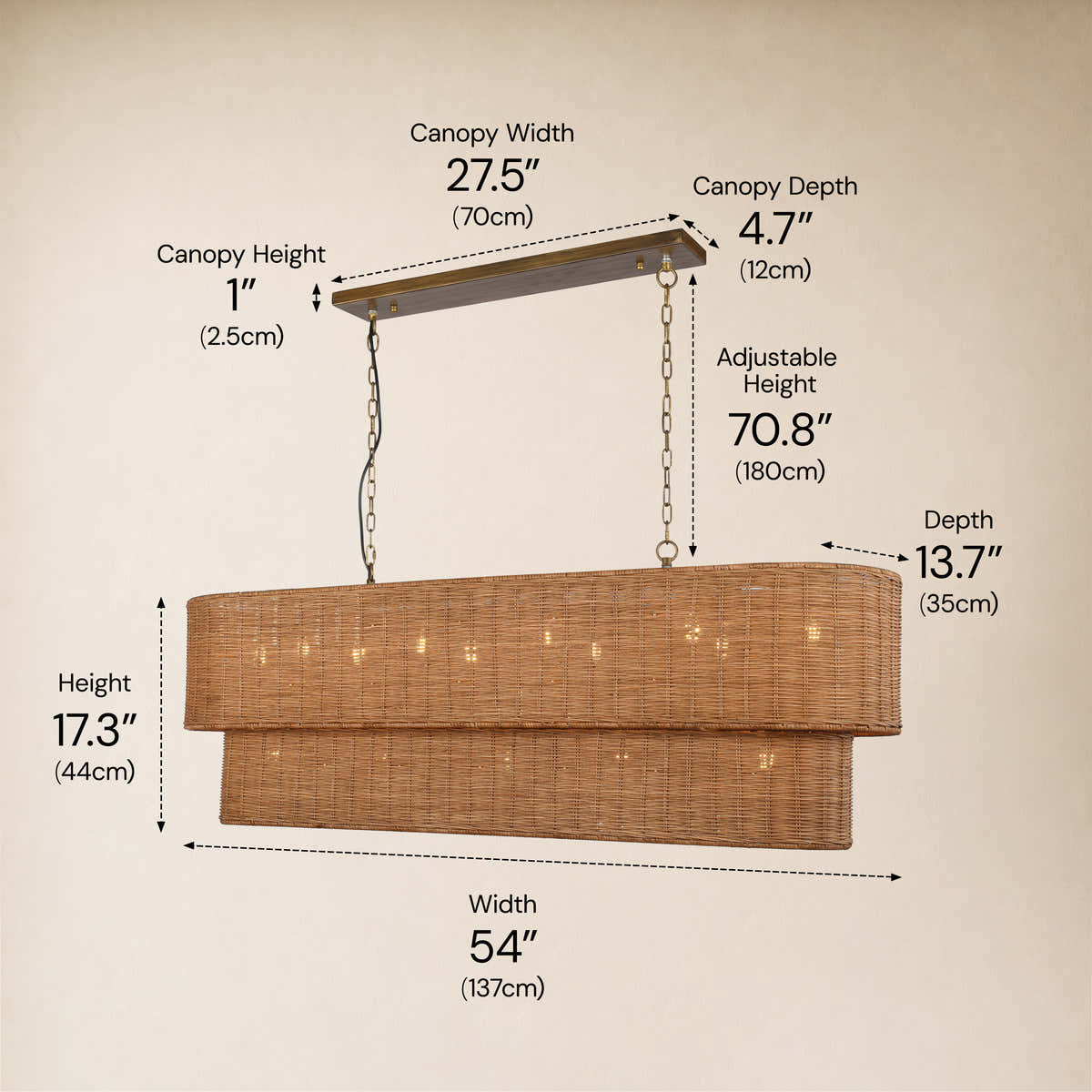 Cavana Rattan Tiered Rectangular Chandelier 53.9"W #Finish_Natural,Size_54" dimensions 1
