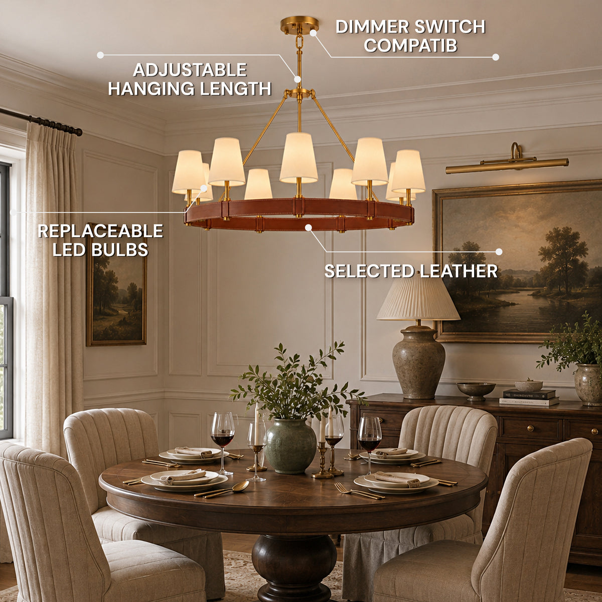 Corvella Leather Custom Round Chandelier 48" 60"W