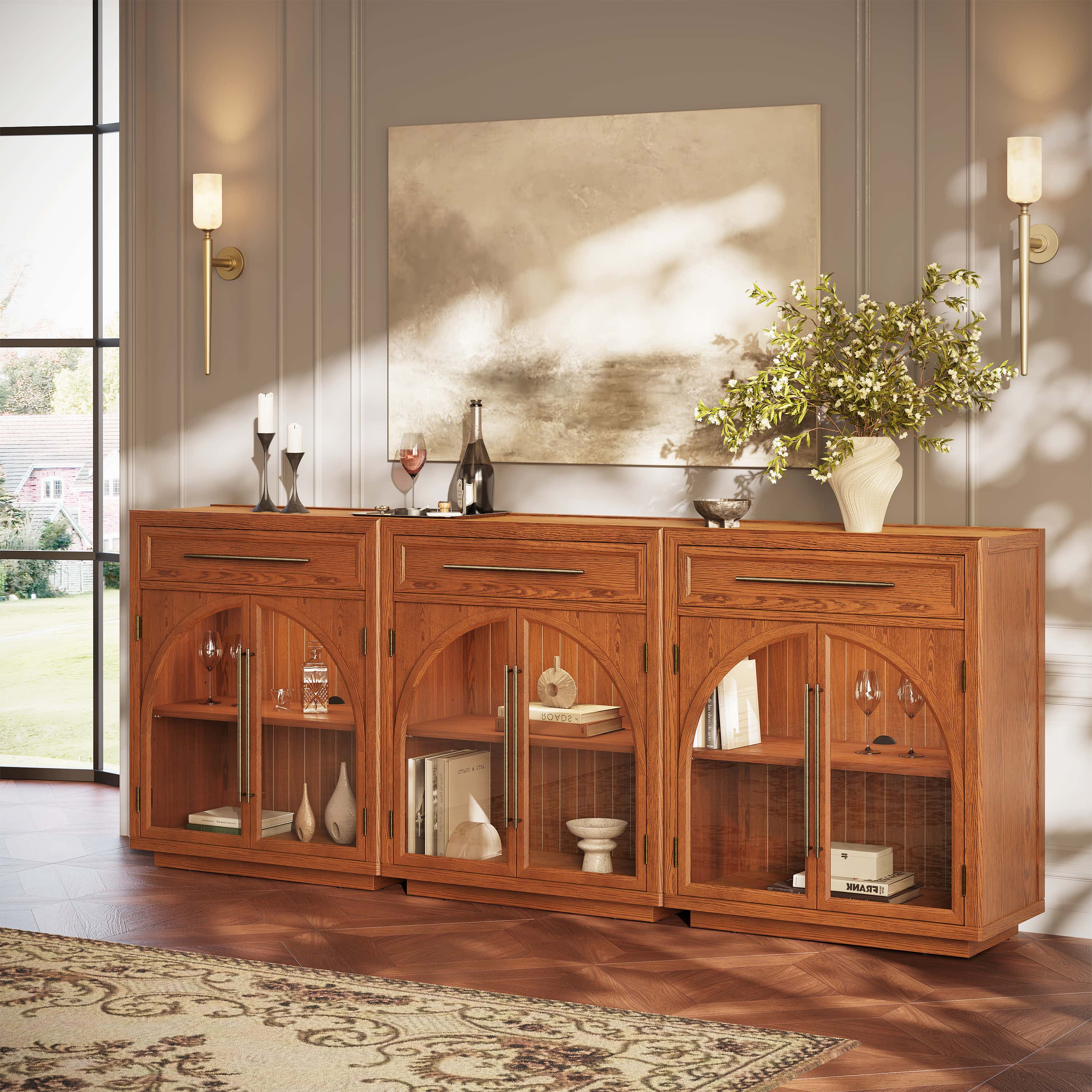 Alvar Arched 94.5" Oak Sideboard with Drawers(Set of 3)