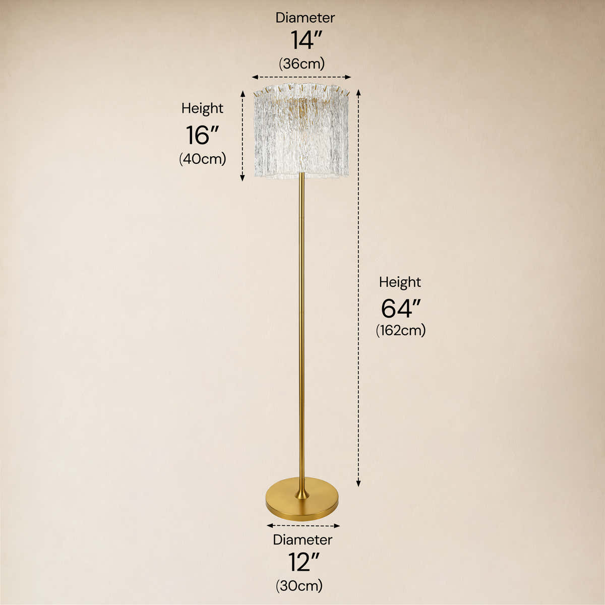 Nerisse Textured Glass Drum Floor Lamp 14"D #Finish_Gold,Size_14"D-x-62"H dimensions 1