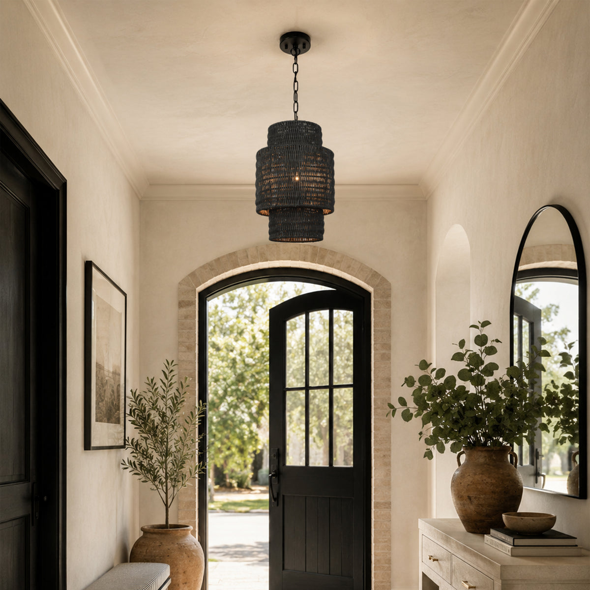 Cavana Rattan Round Pendant 9"D#Finish_Black