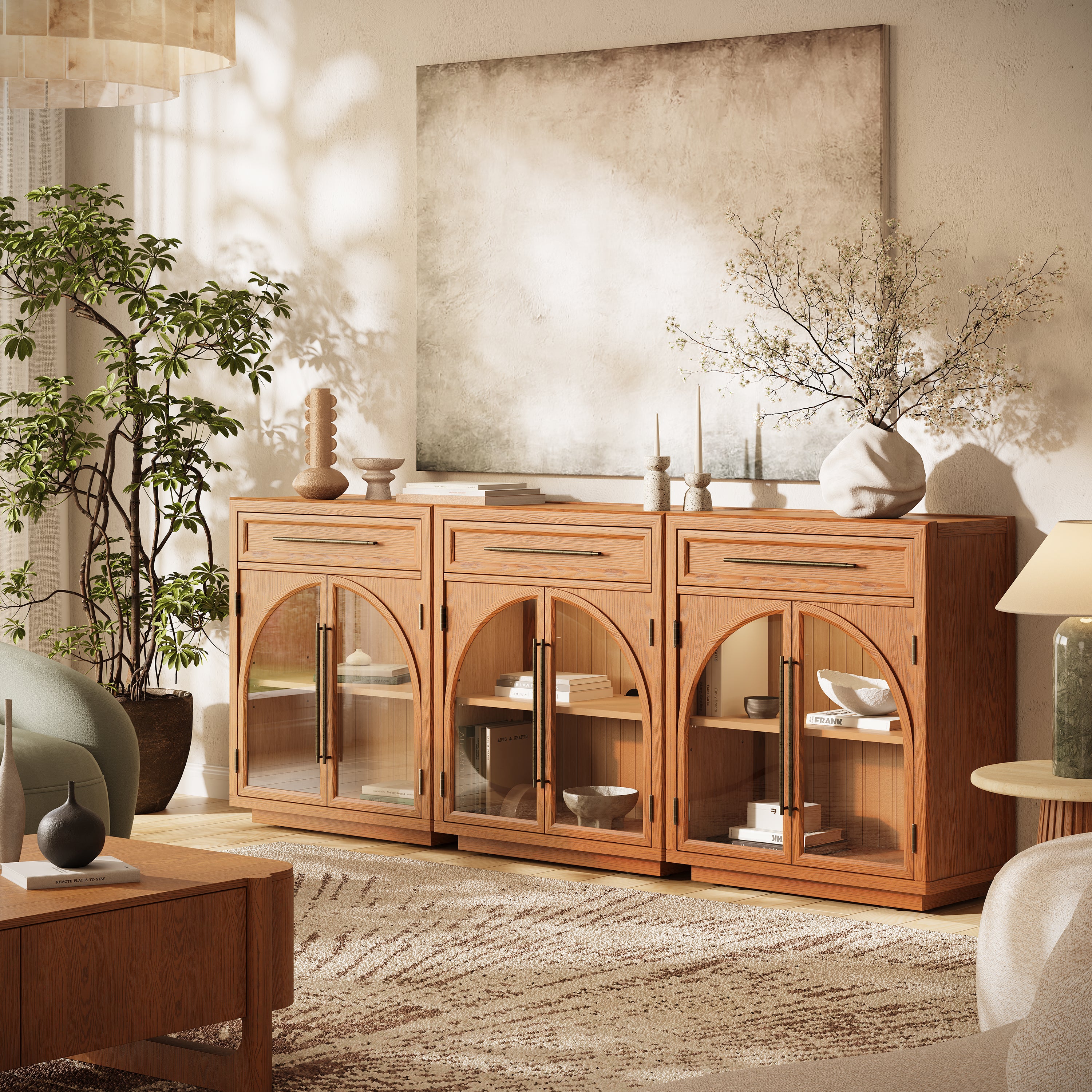 Alvar Arched 96" Oak Sideboard with Drawers(Set of 3)