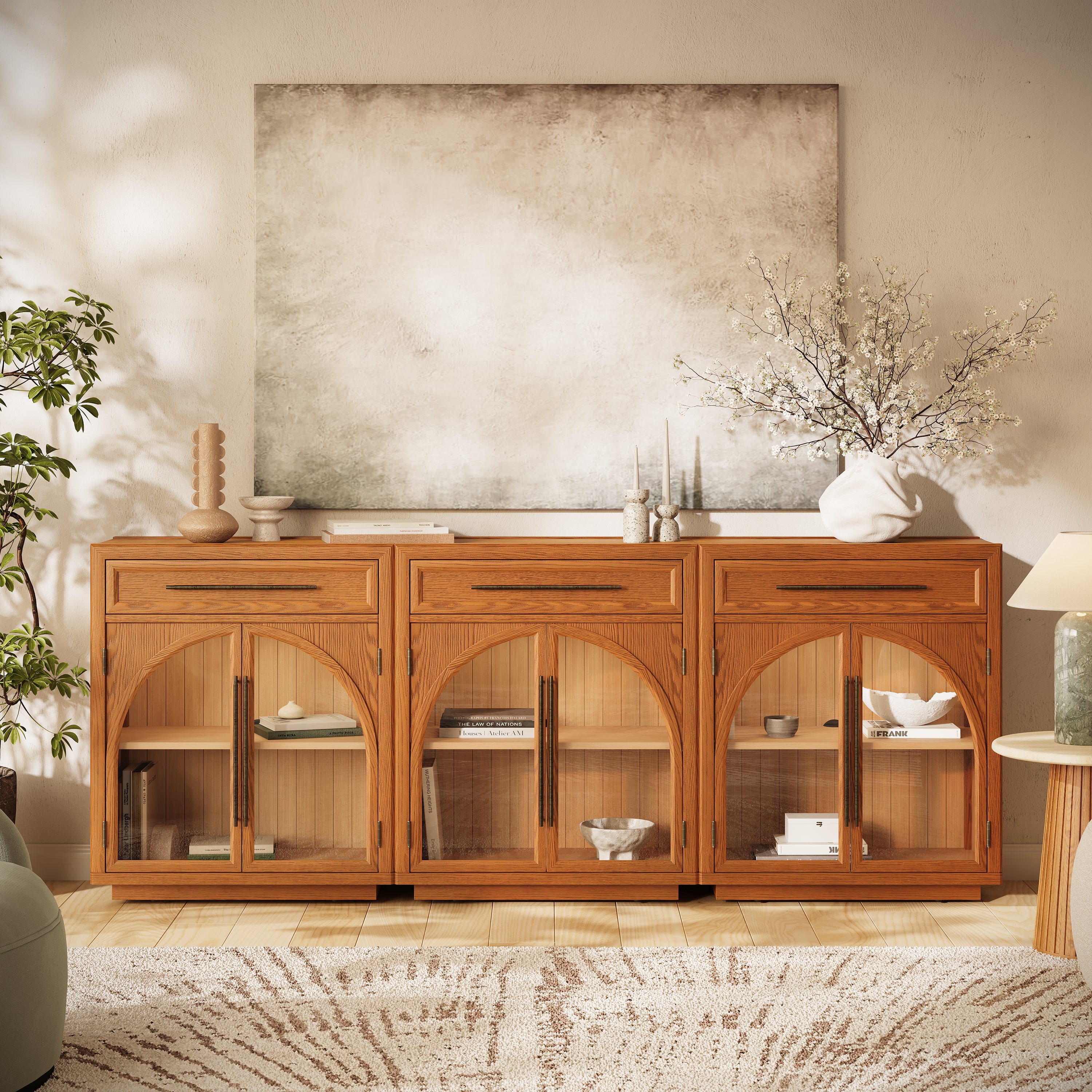 Alvar Arched 96" Oak Sideboard with Drawers(Set of 3)