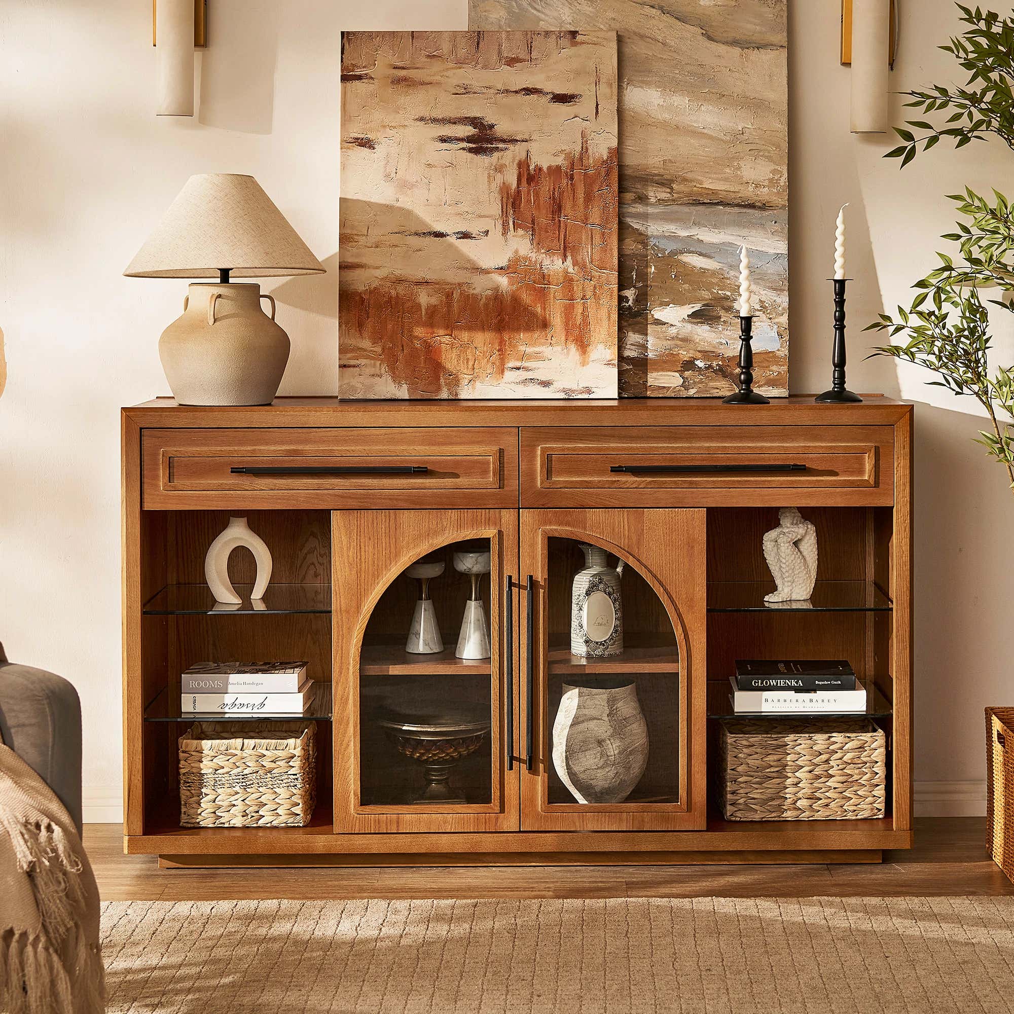 Alvar Oak Arched Glass Sideboard 63"W