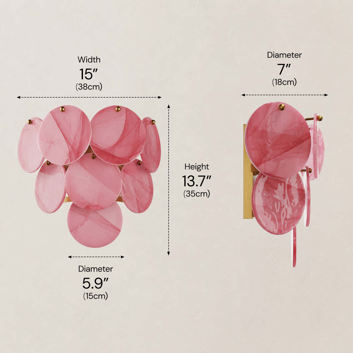 Auralis Pink Glass Disc Wall Sconce 15"W dimensions 1