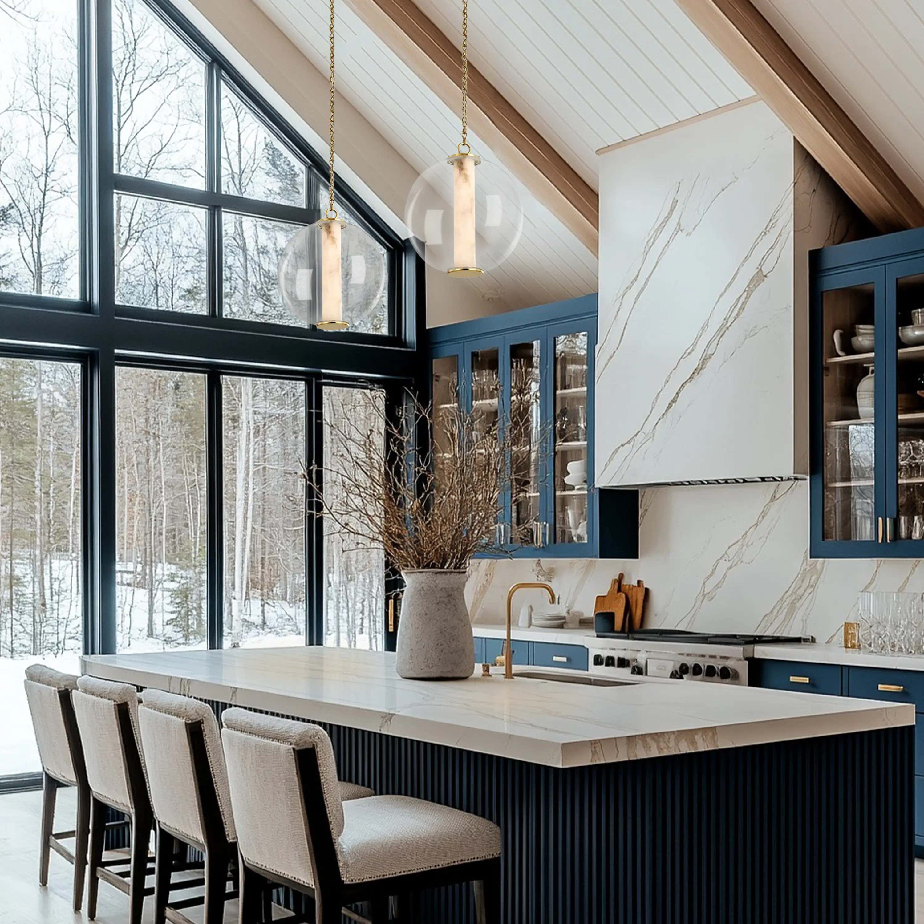 Auroba Alabaster Tube Glass Globe Pendant 14''D