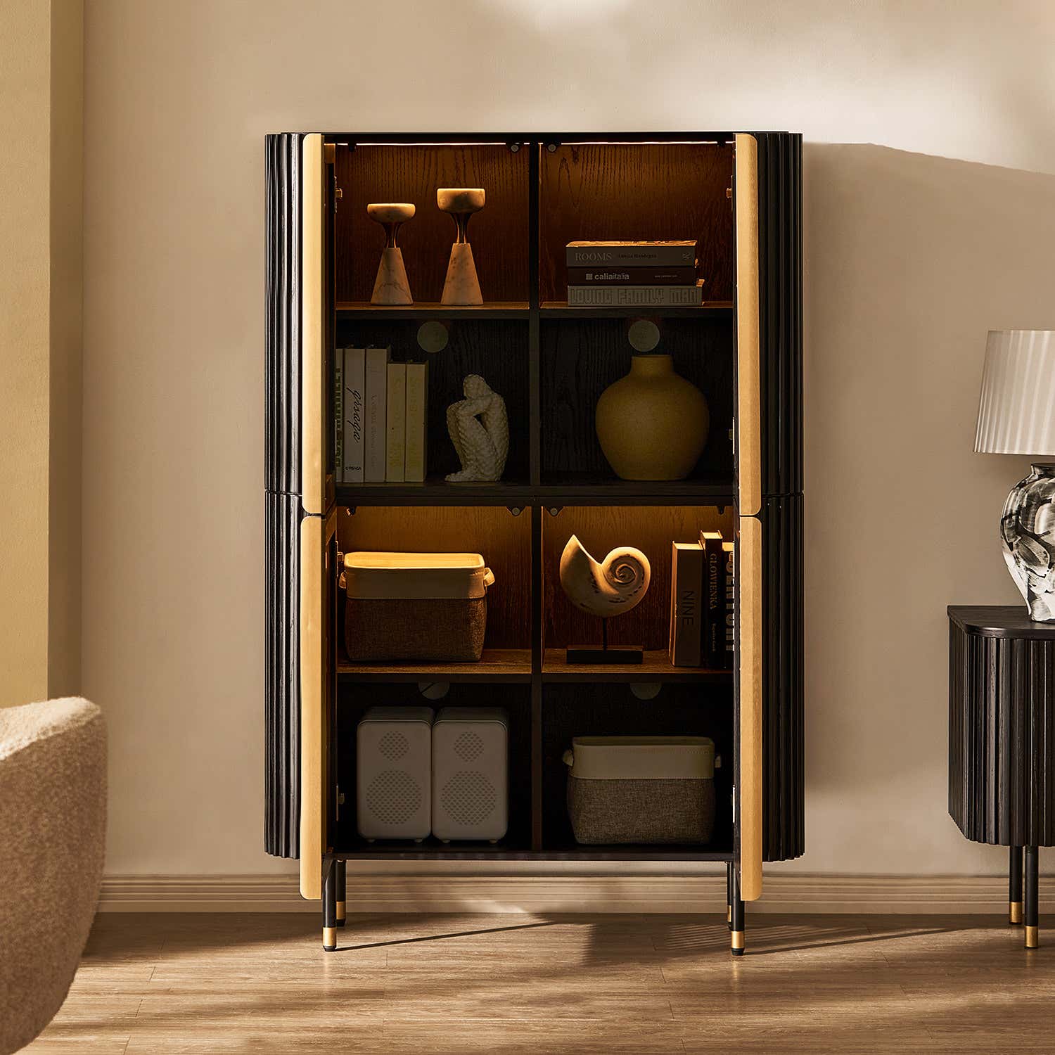 Ewan Oak Media Console and Cabinet Set