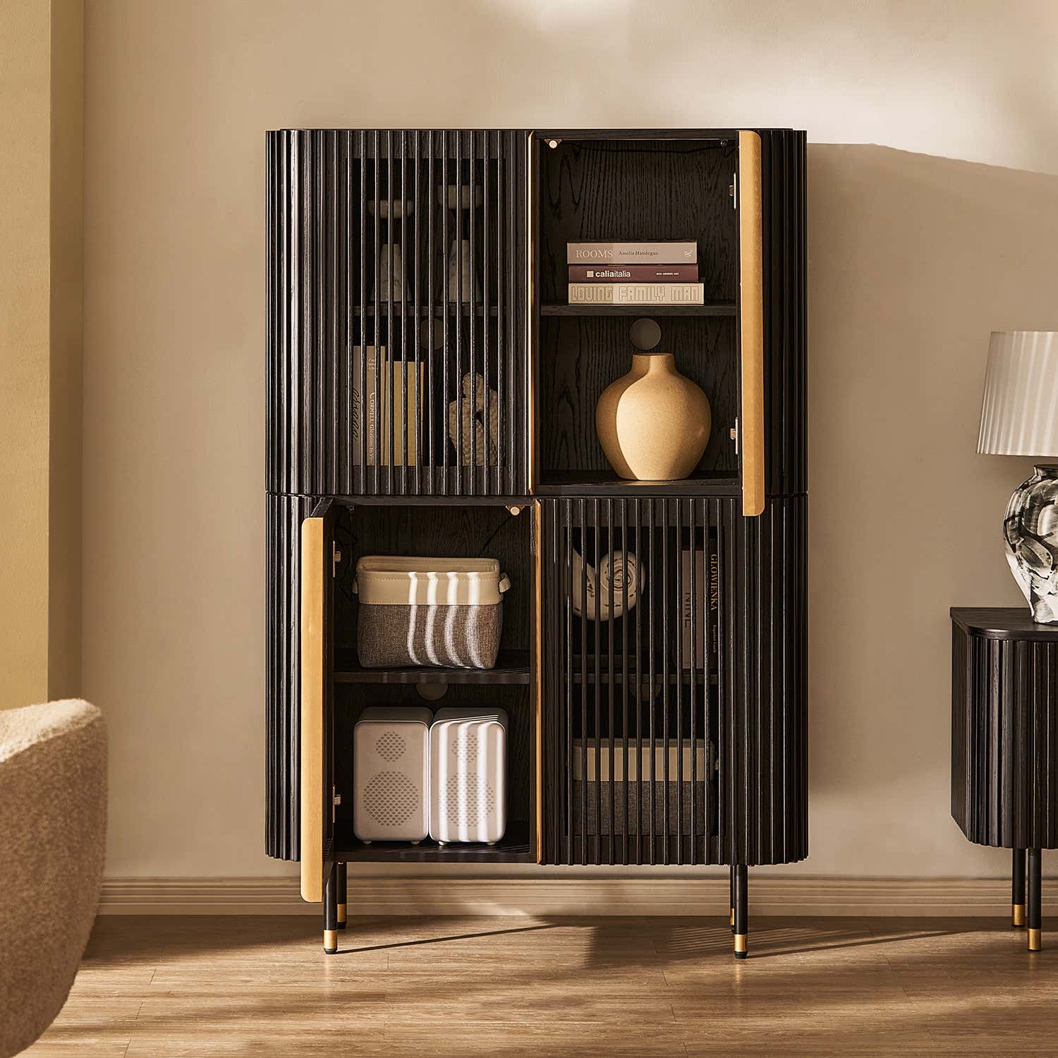 Ewan Oak Media Console and Cabinet Set