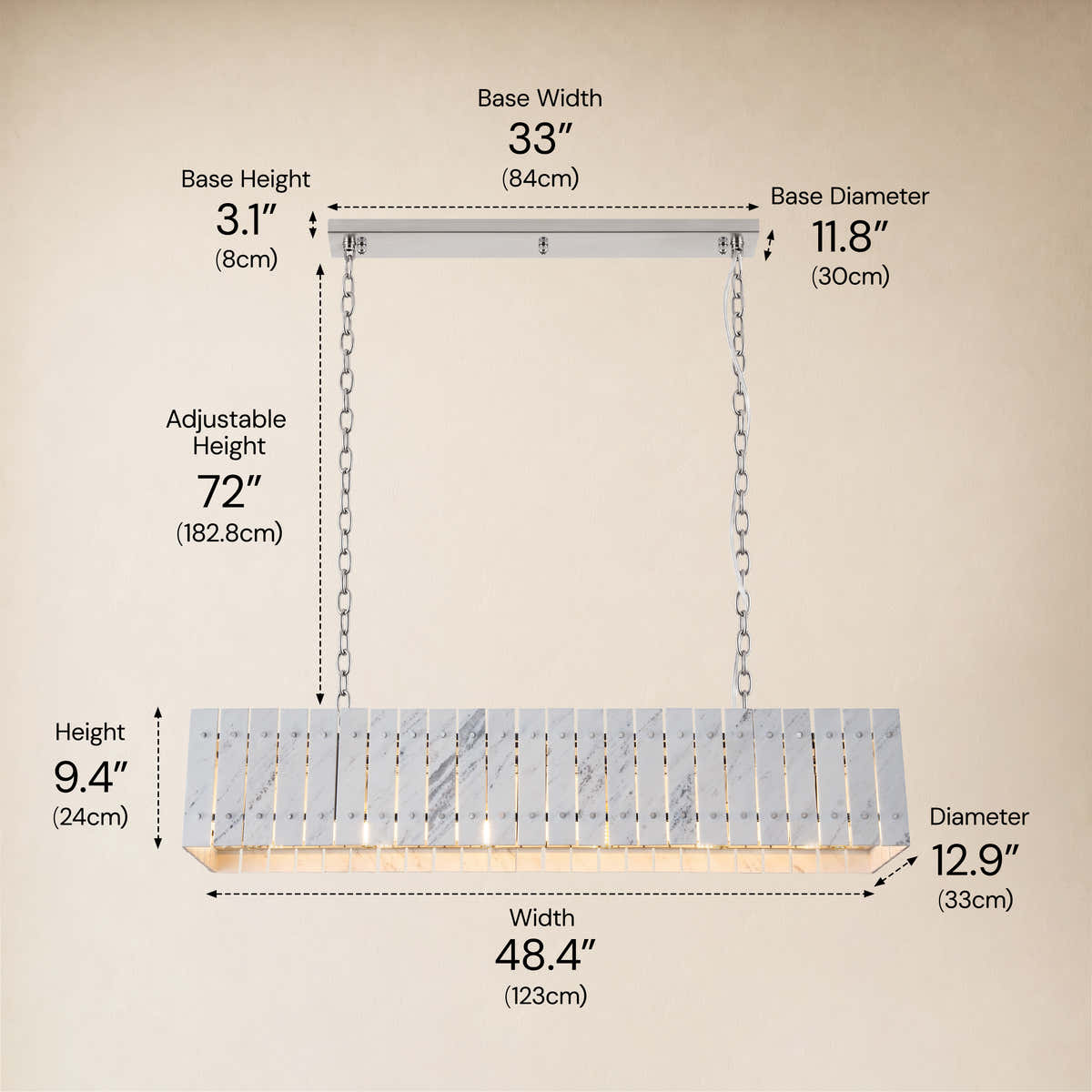 Pietra Porcelain White Marble Rectangular Chandelier 47.2"W dimensions 3