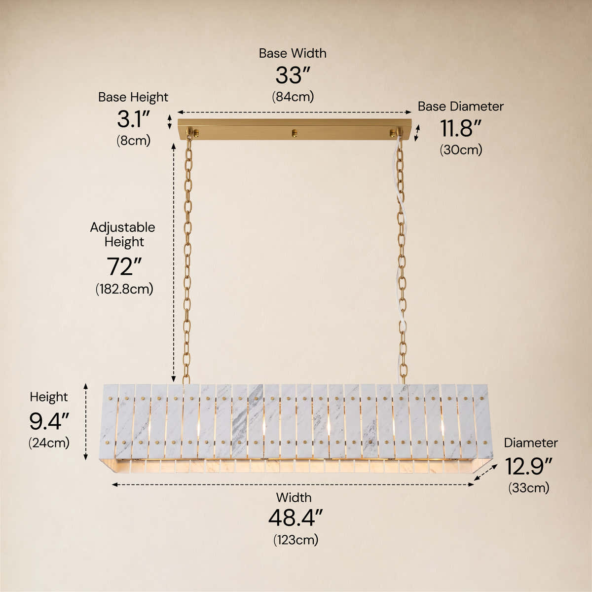 Pietra Porcelain White Marble Rectangular Chandelier 47.2"W dimensions 2