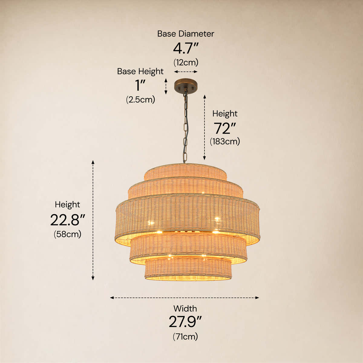 Cavana Rattan Tiered Round Chandelier 27.9"W #Finish_White dimensions 2