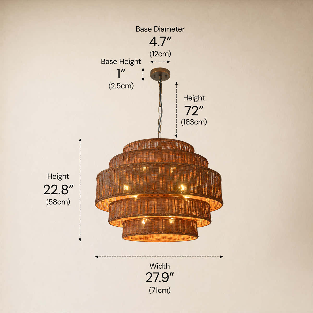 Cavana Rattan Tiered Round Chandelier 27.9"W #Finish_Natural,Size_28" dimensions 1