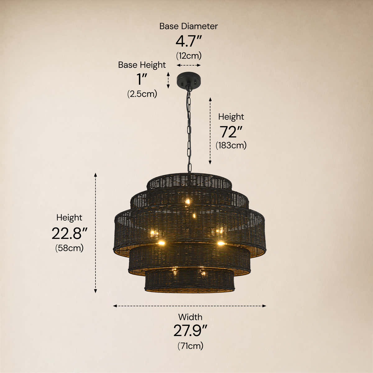 Cavana Rattan Tiered Round Chandelier 27.9"W #Finish_Black,Size_28" dimensions 3