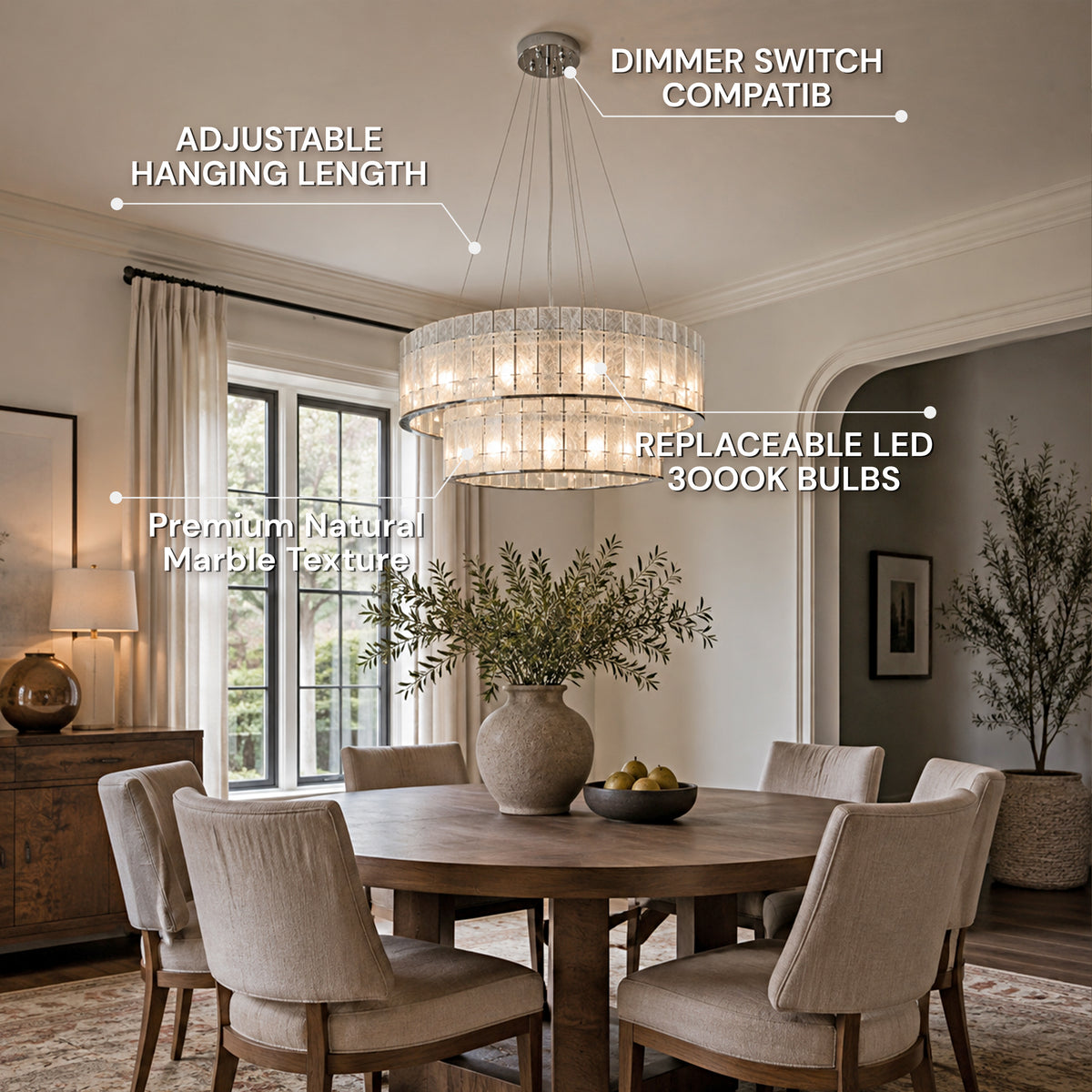 Pietra Arctic White Marble Round Drum Chandelier 33.4"D