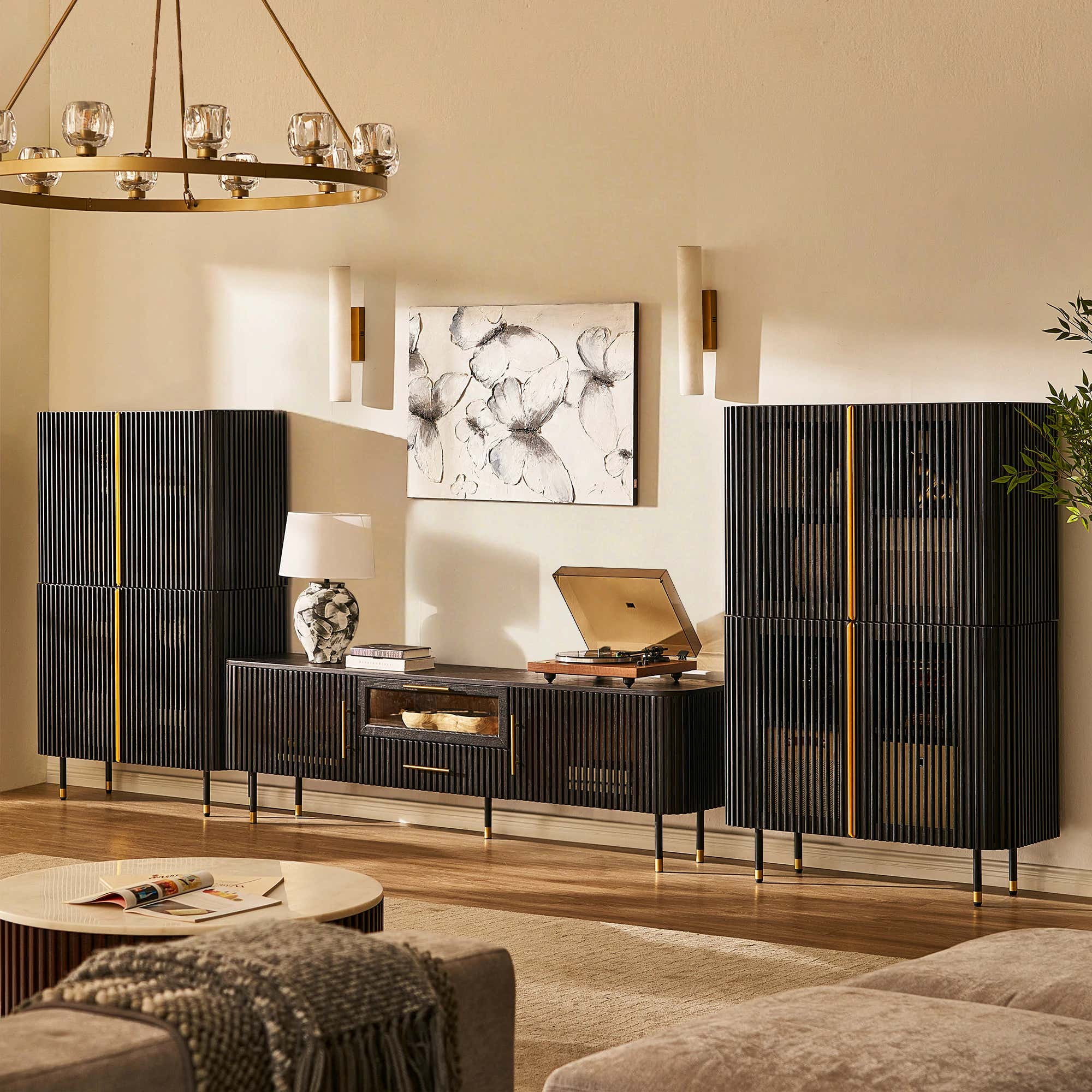 Ewan Oak Media Console and Cabinet Set