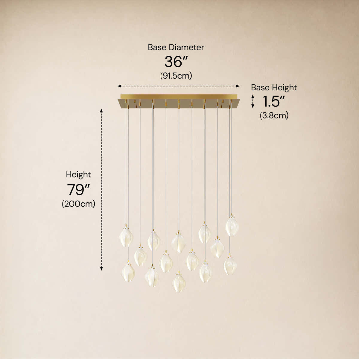 Veylune Ceramic Flower Cluster Rectangular Chandelier 19.7"-60"W #Finish_Gold,Size_14-Lights-/-36"W dimensions 7
