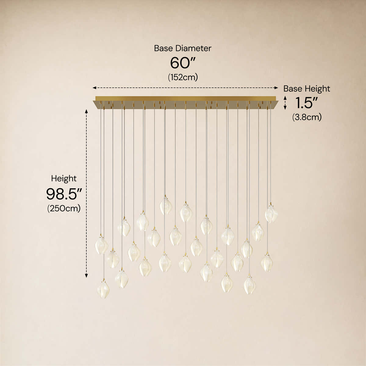 Veylune Ceramic Flower Cluster Rectangular Chandelier 19.7"-60"W #Finish_Gold,Size_26-Lights-/-60"W dimensions 11