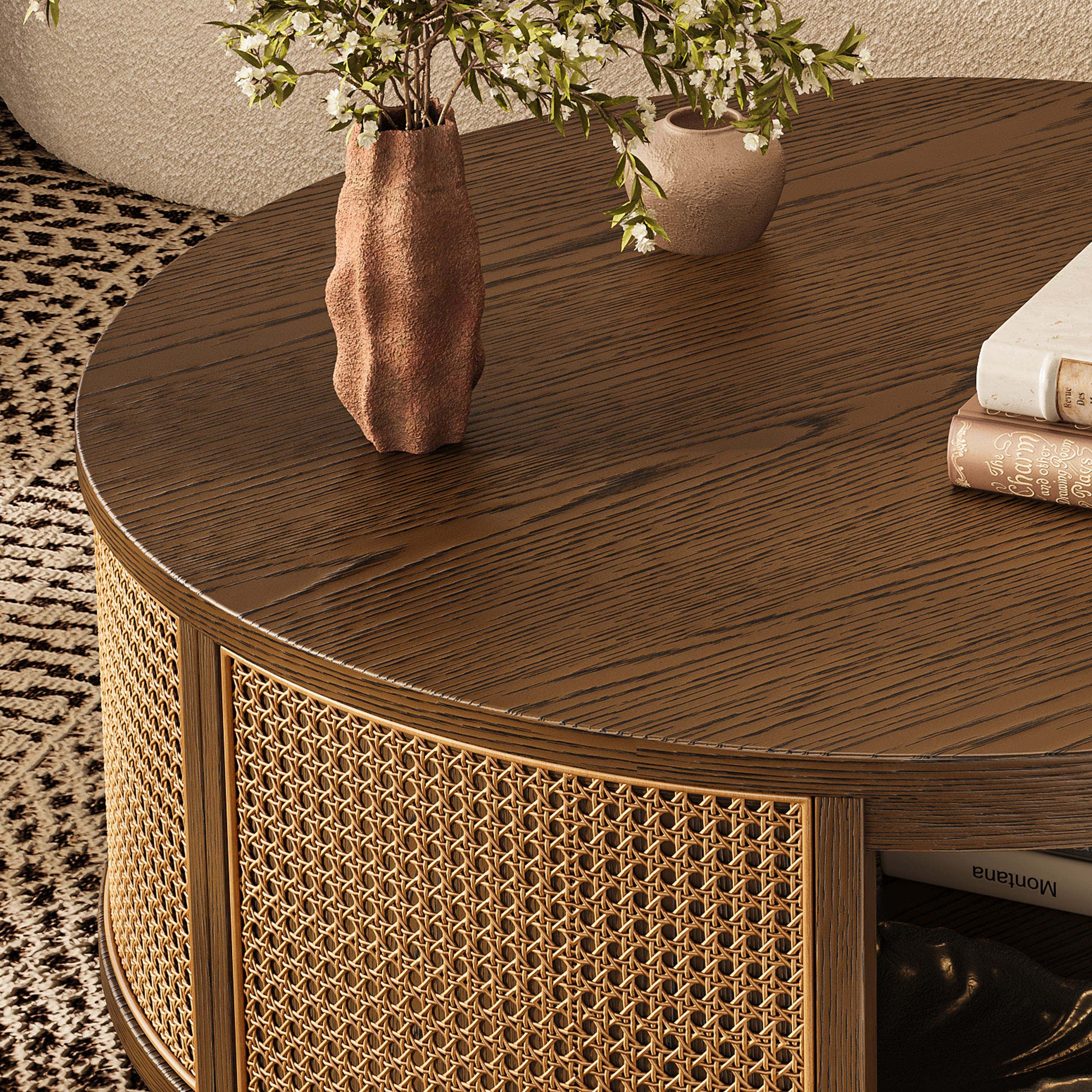 Harlow Round Oak & Rattan Drum Coffee Table