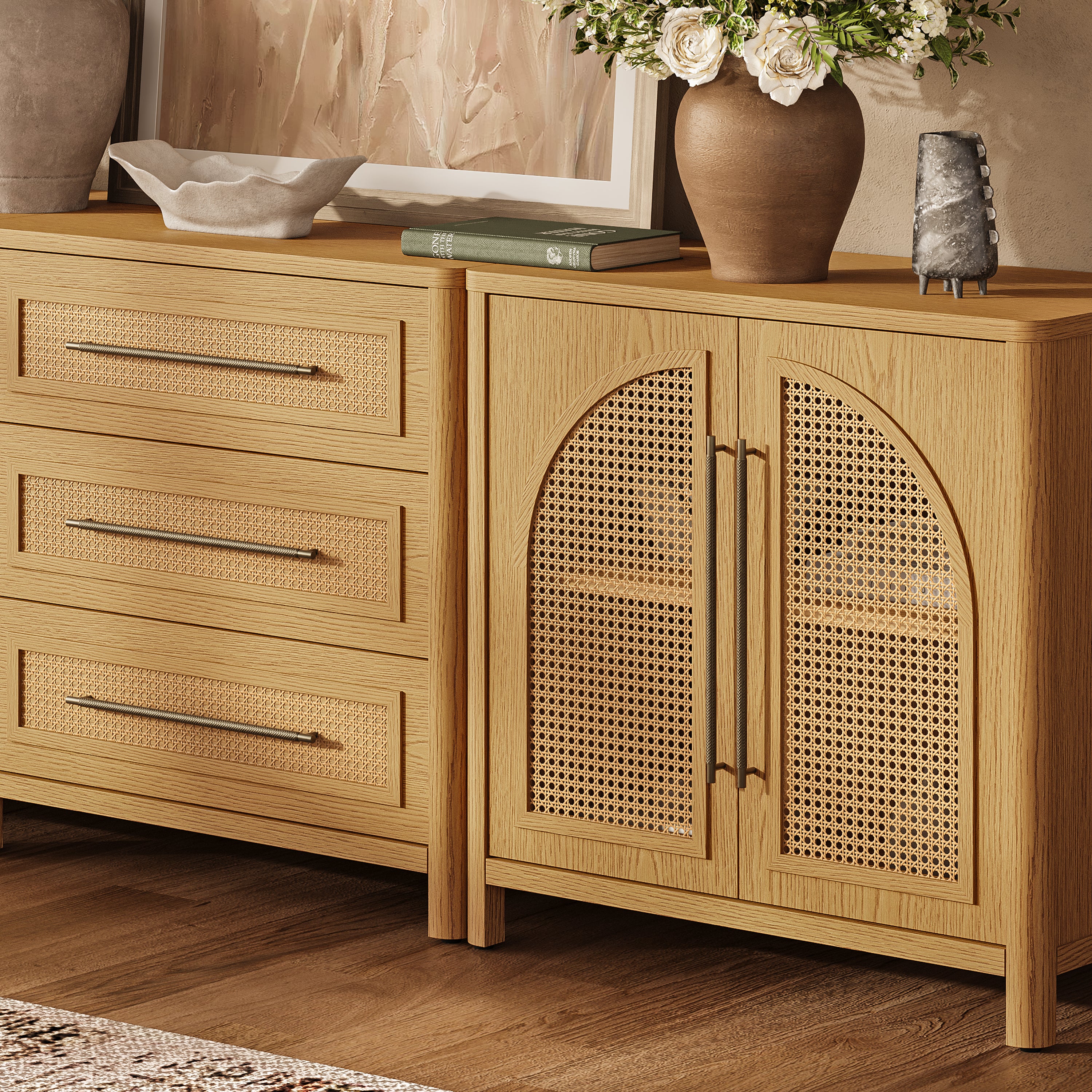 Arden Cane 94.5″ Oak Modular Media Console(Set of 3)