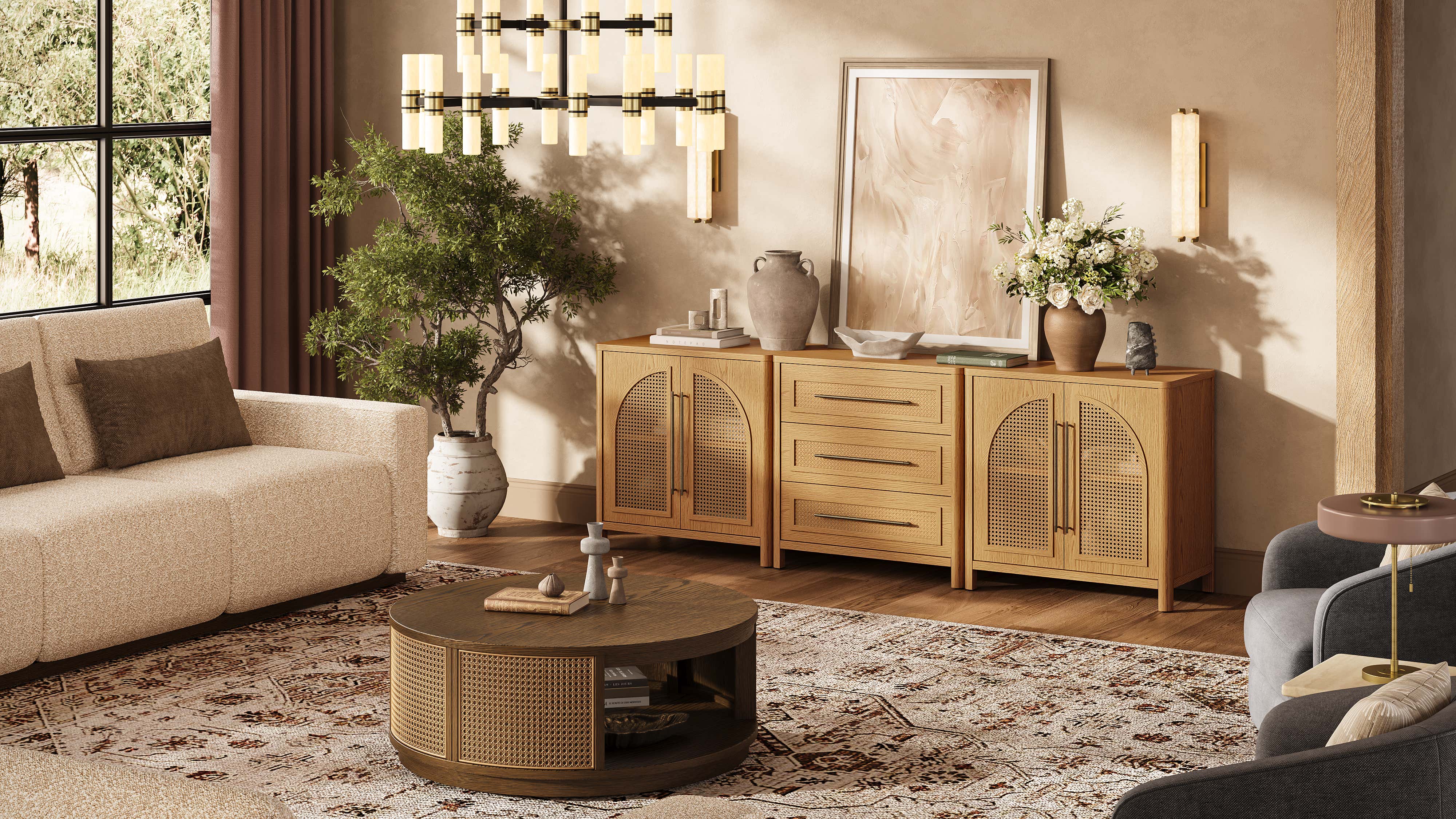 Arden Cane 94.5″ Oak Modular Media Console(Set of 3)