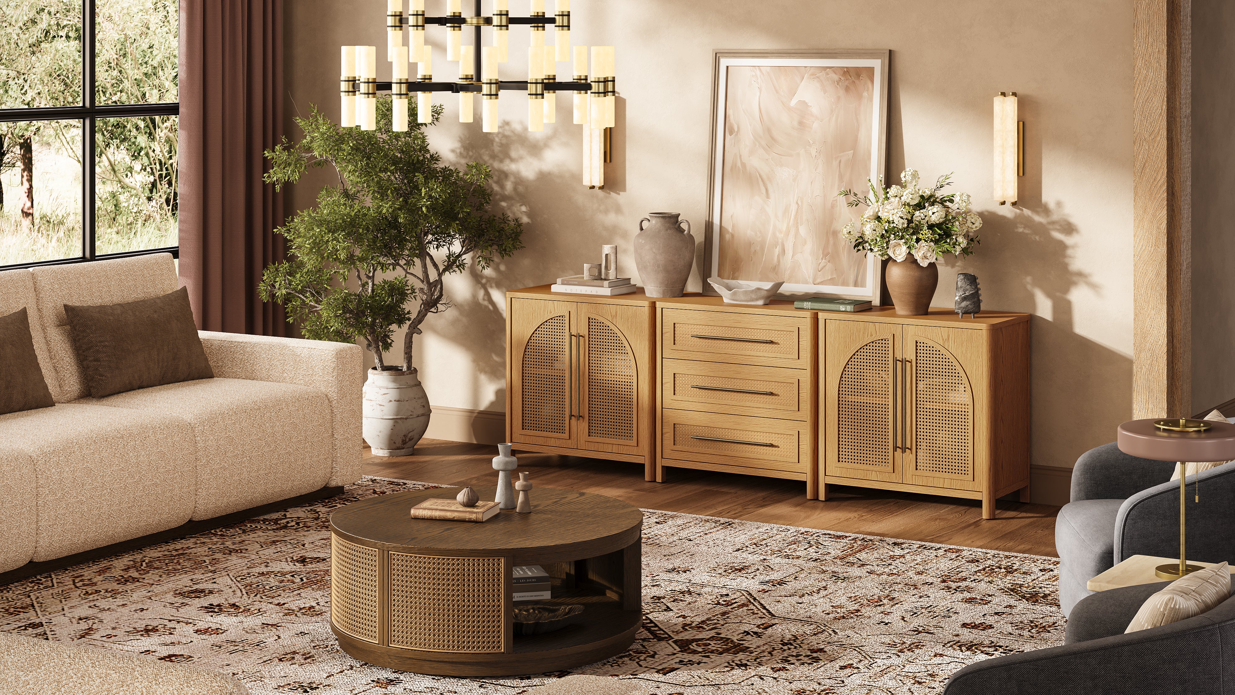 Arden Cane 94.5″ Oak Modular Media Console(Set of 3)