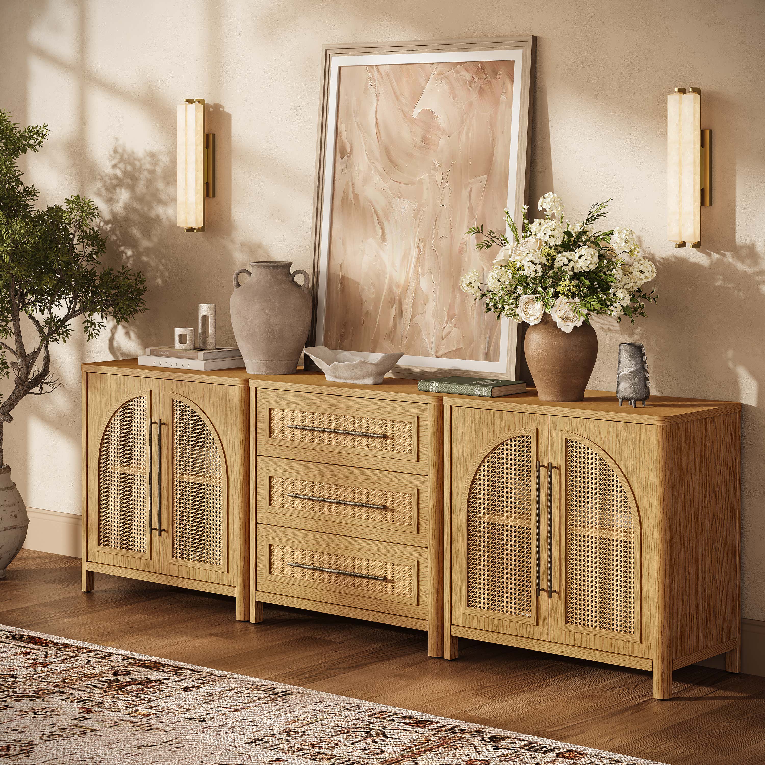 Arden Cane 94.5″ Oak Modular Media Console(Set of 3)