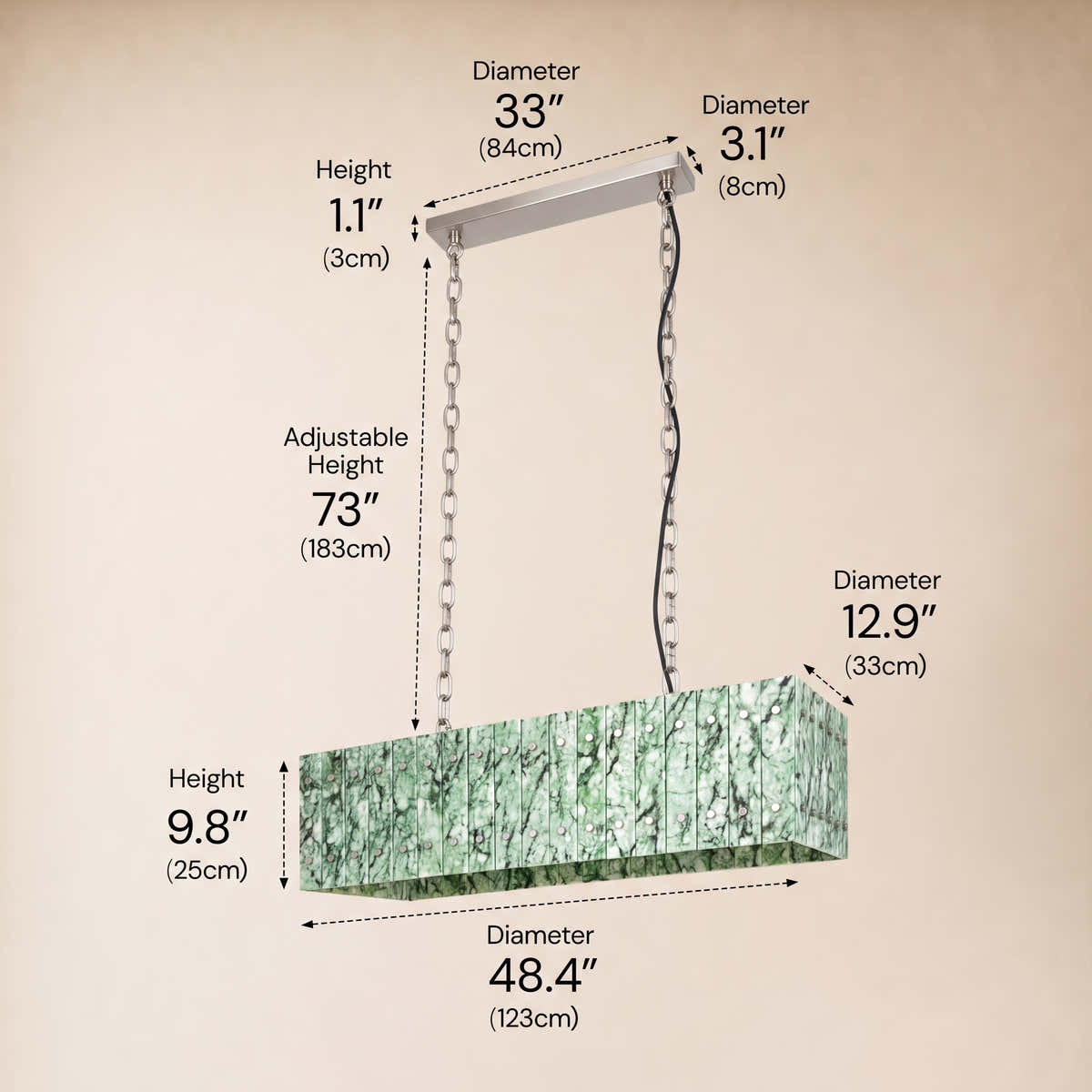 Pietra Forest Green Marble Rectangular Chandelier 48"W dimensions 3