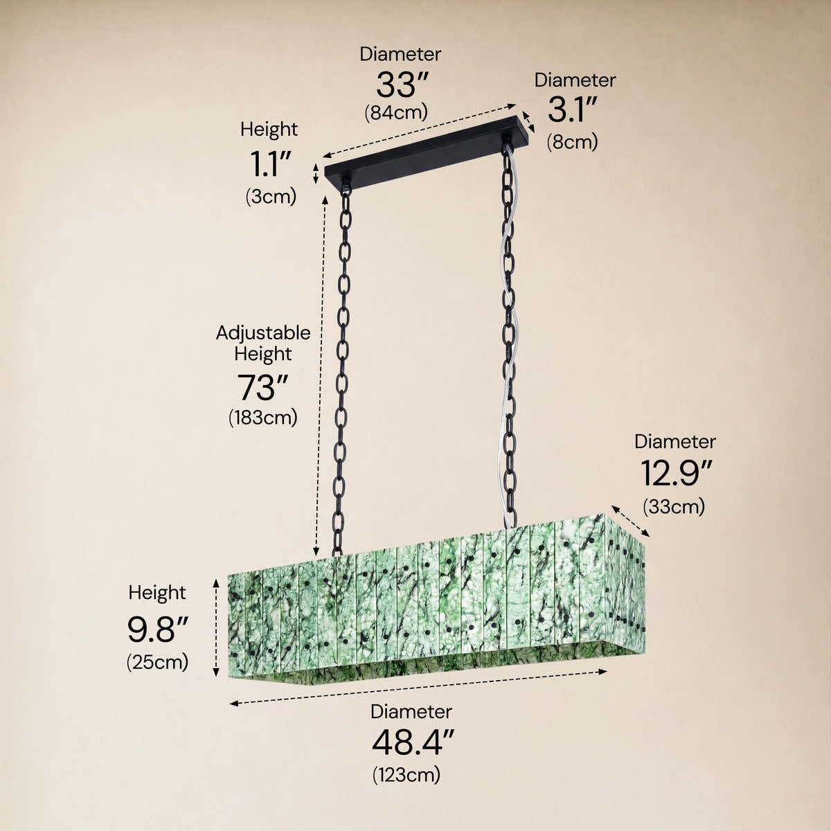 Pietra Forest Green Marble Rectangular Chandelier 48"W dimensions 1