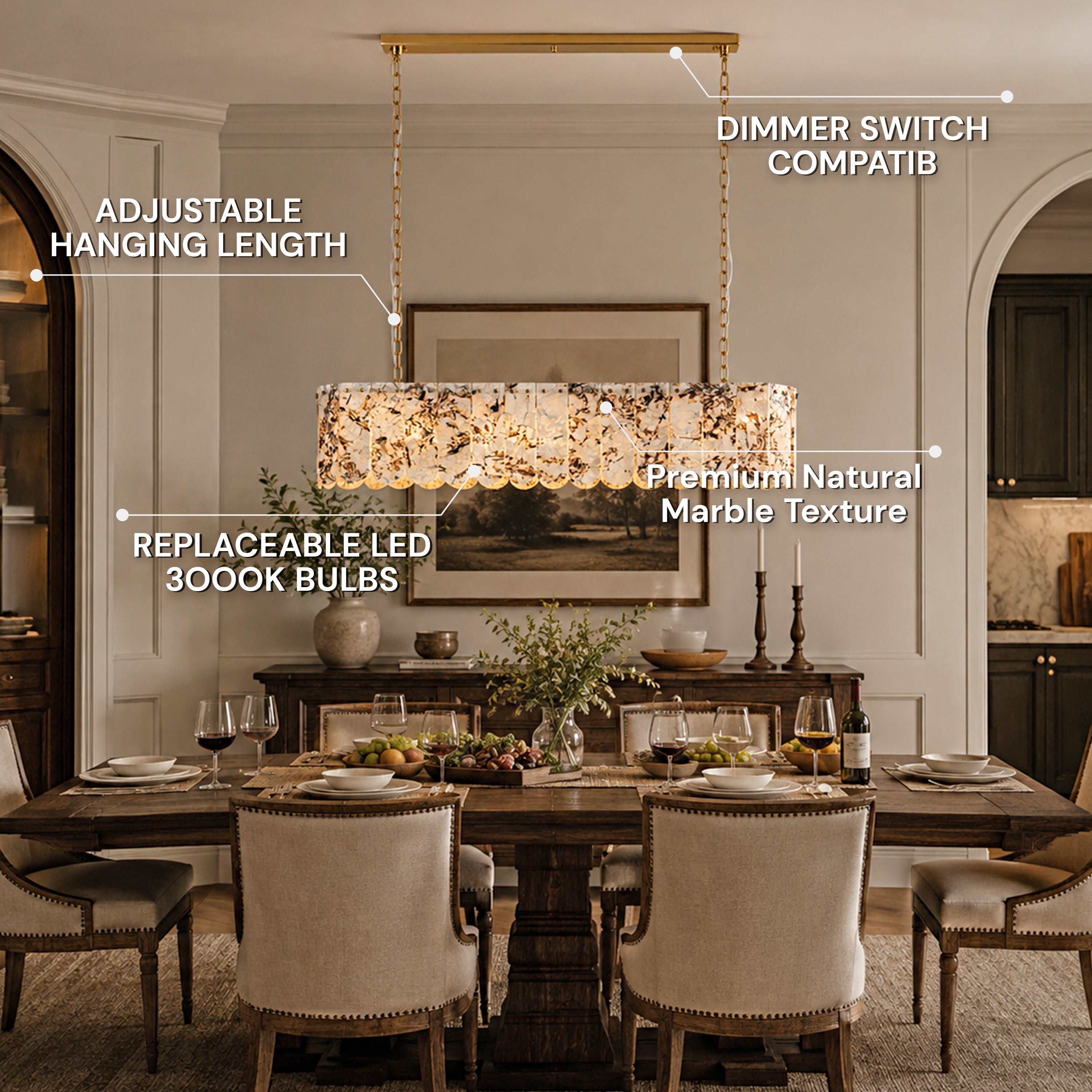 Pietra Snowflake Marble Rounded Linear Chandelier 35.4"W
