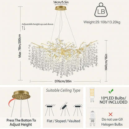 Lustre Branches Crystal Round Chandelier for All Rooms 76cm