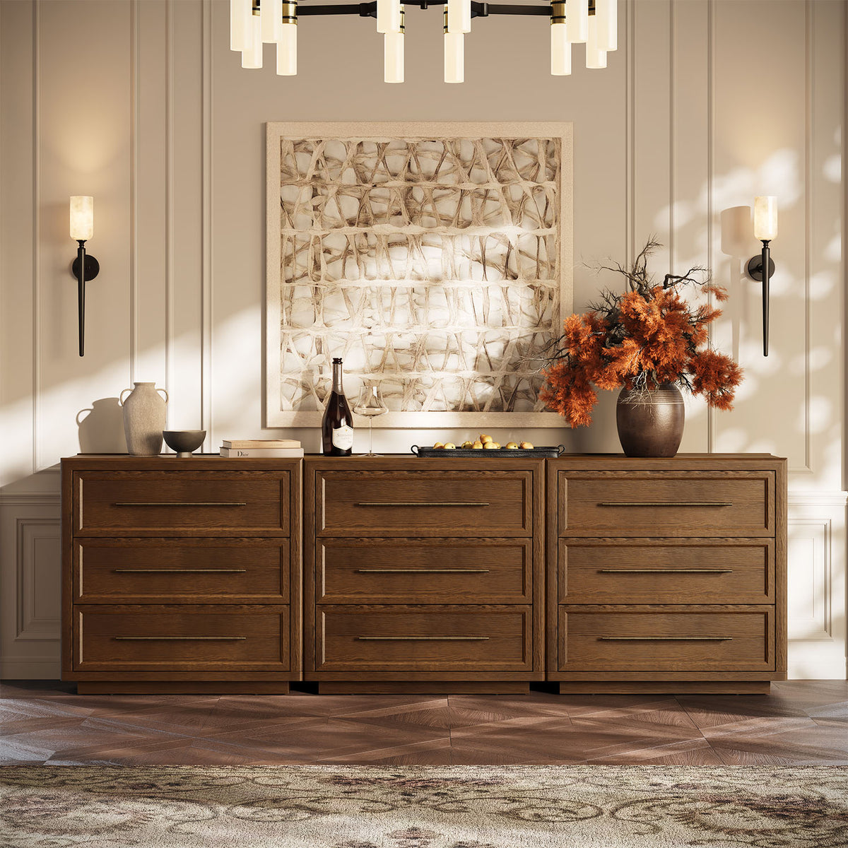 Alvar 91″ Oak 9-Drawer Chest(Set of 3)