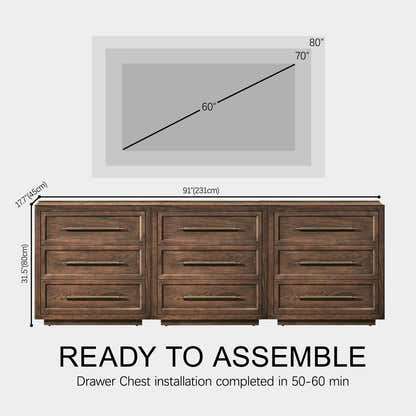 Alvar 91″ Oak 9-Drawer Chest(Set of 3)