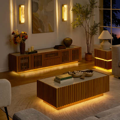 Isla Oak Sintered Stone Media Console And Coffee Table Set