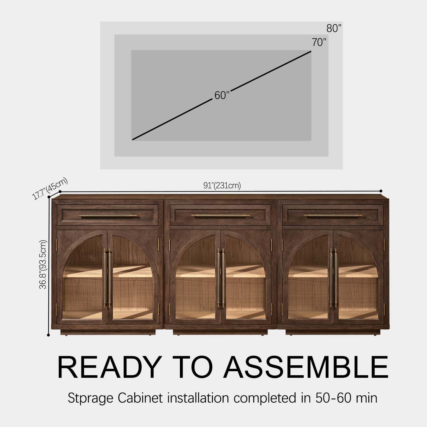 Alvar Arched 91" Oak Sideboard with Drawers(Set of 3)