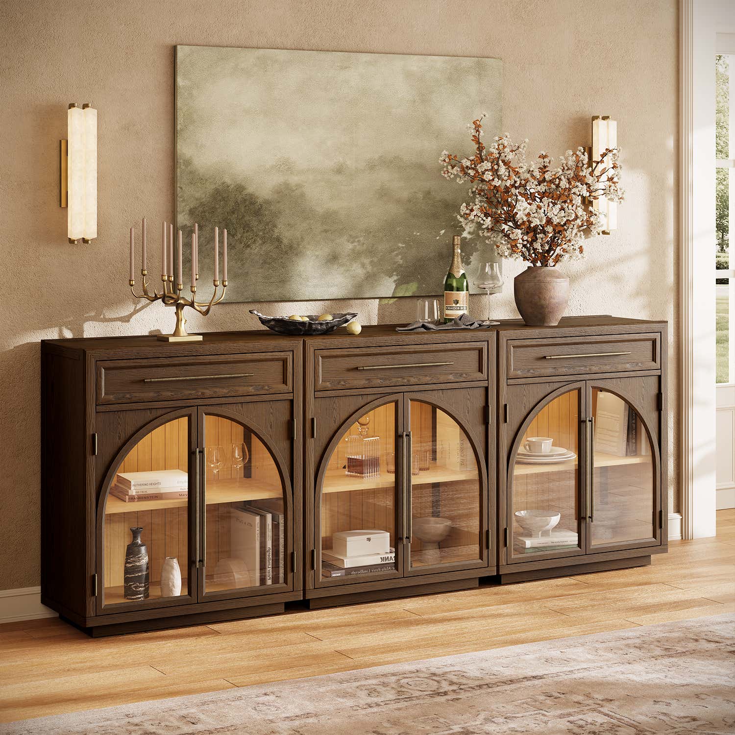 Alvar Arched 62.9" Oak Sideboard with Drawers(Set of 2)