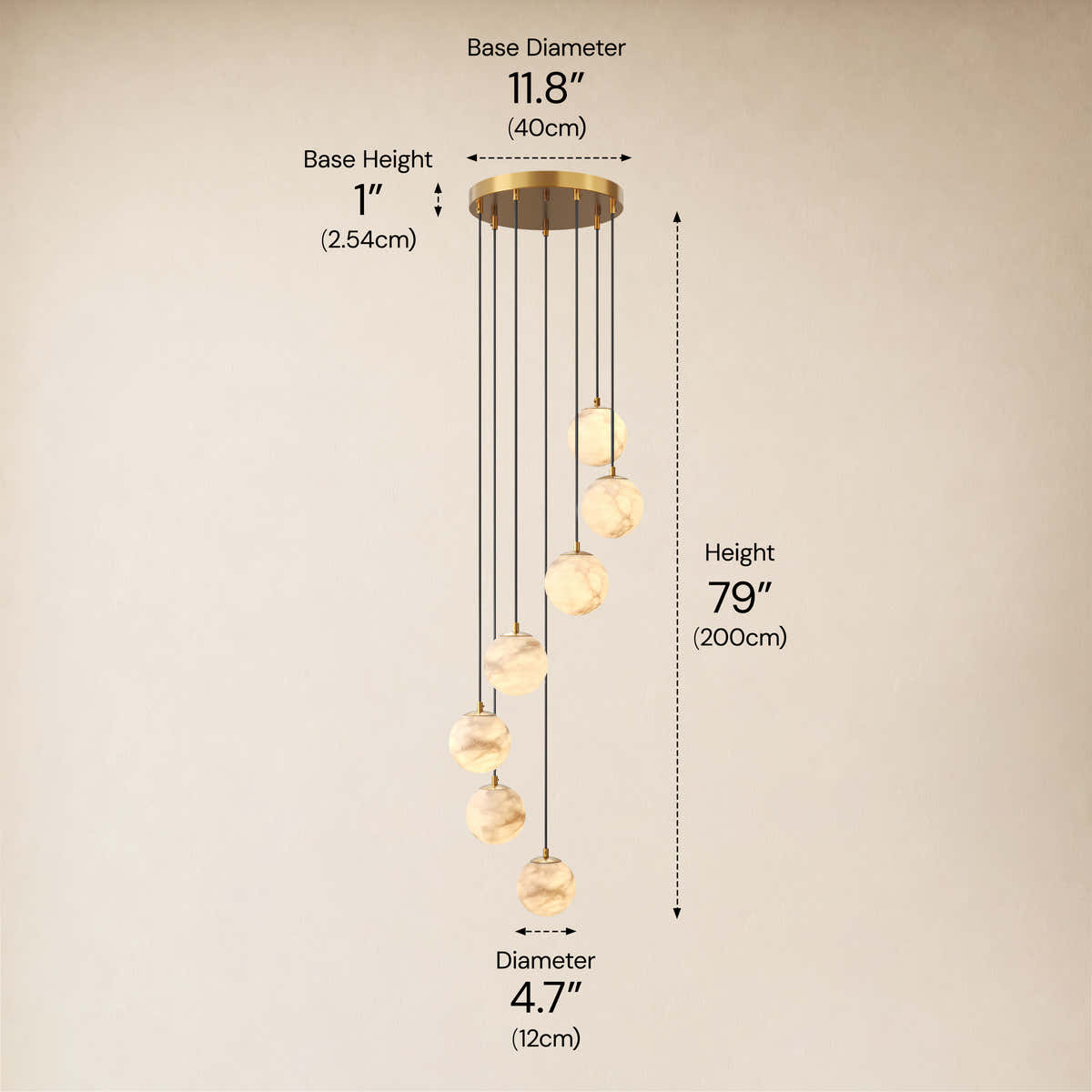 Solindra Resin Globe Cascade Chandelier size-image #Finish_Gold,Lights_7-Lights dimensions 3